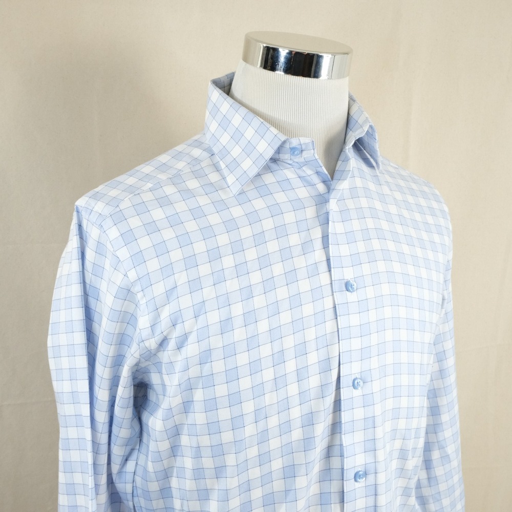 David Donahue 15.5 34/35 Trim Fit Dress Shirt Blue White Check Cotton Mens